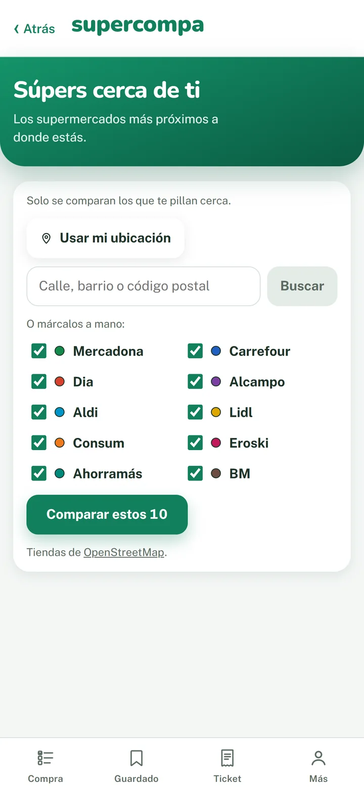 Supercompa mostrando un mapa con los supermercados cercanos