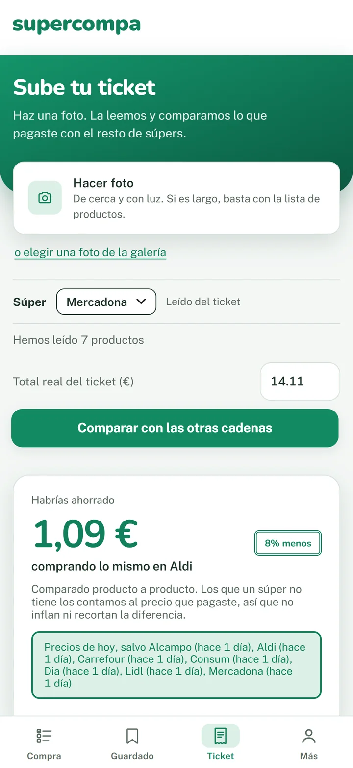 Supercompa mostrando cuánto habría costado un ticket en otra cadena